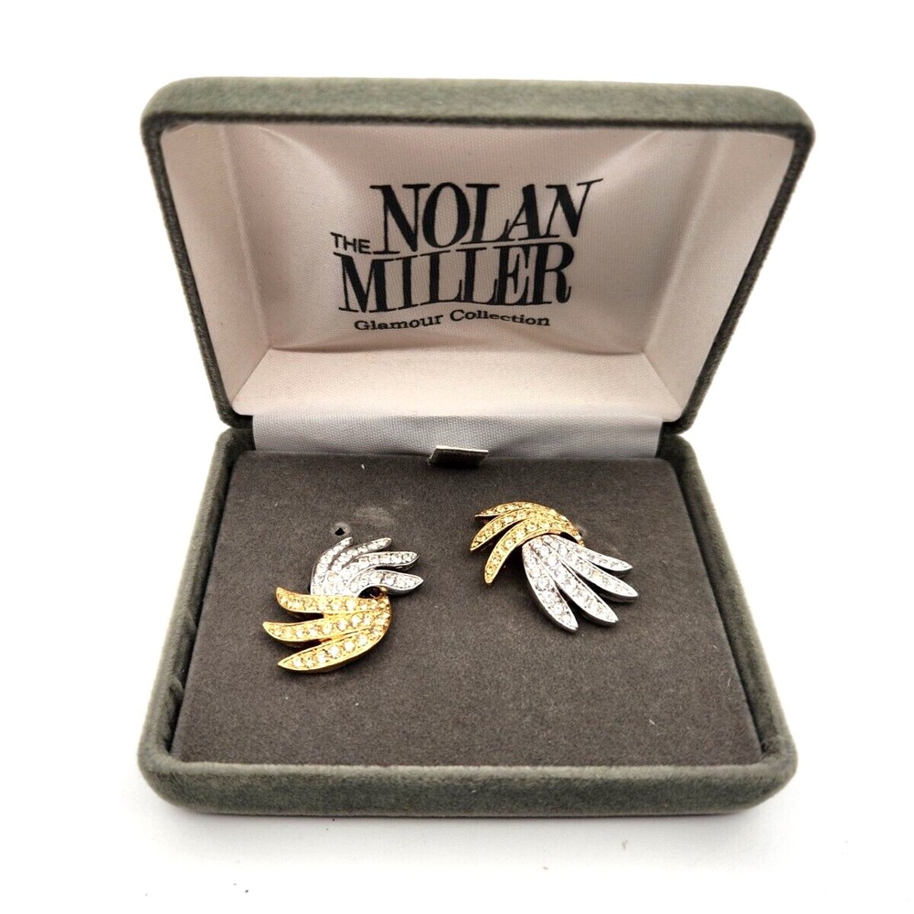 Nolan Miller Glamour Collection Crystal Pave Feather Earrings Clip On 2002 w/Box